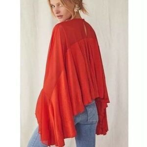 Free People On The Weekend Red Orange Blouse Sz S Boho Witchy Flowy Gypsy Fairy